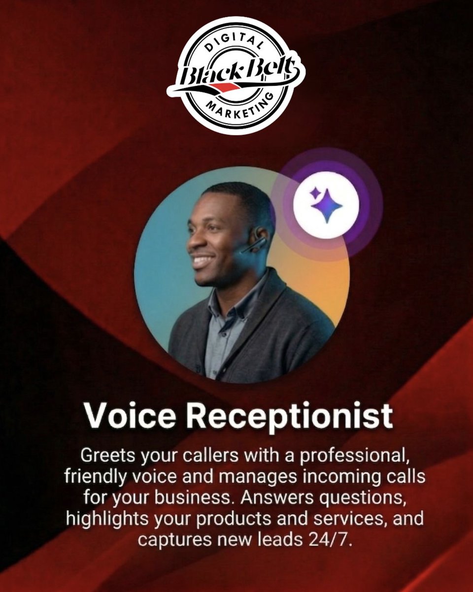 BlackBeltDig's tweet photo. Never miss a call or lead. 📞🤖 Our AI Voice Receptionist answers questions, engages callers, and captures leads 24/7, even when you’re away.

Smarter calls. More leads.

#AIReceptionist #LeadGeneration #AIforBusiness #BusinessAutomation https://t.co/SHismOnTNh
