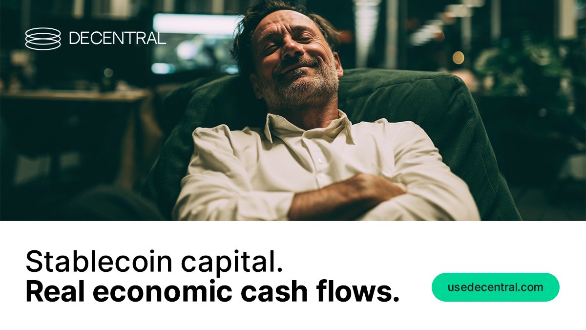 usedecentral's tweet photo. Stablecoin capital can do more than remain exposed to crypto-native market cycles.

It can connect to verified commercial activity in the real economy. https://t.co/OxAQvoVoQw