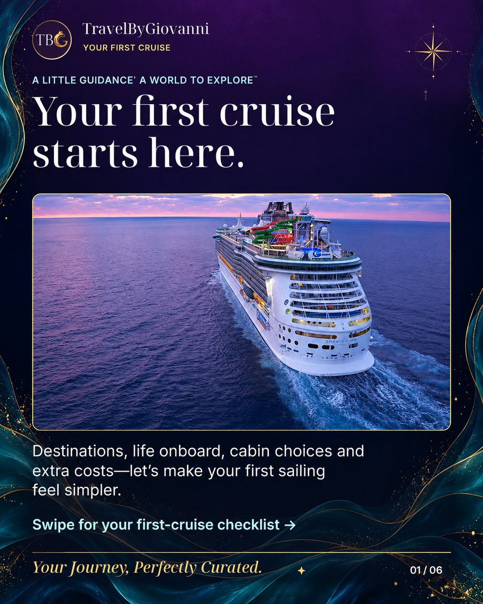 TravelByGio's tweet photo. Thinking about your first cruise? 🚢

Start with what shapes the experience: destination, ship atmosphere, cabin, trip length and the full cost beyond the cruise fare.

Swipe through my first-cruise guide. ✨

#TravelByGiovanni #FirstCruise #CruiseTravel https://t.co/K3LXswHDWA