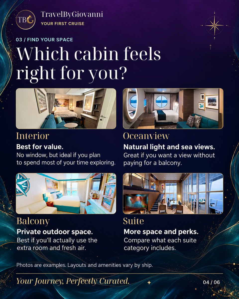 TravelByGio's tweet photo. Thinking about your first cruise? 🚢

Start with what shapes the experience: destination, ship atmosphere, cabin, trip length and the full cost beyond the cruise fare.

Swipe through my first-cruise guide. ✨

#TravelByGiovanni #FirstCruise #CruiseTravel https://t.co/K3LXswHDWA
