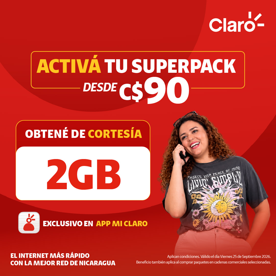 ClaroNicaragua's tweet photo. Con C$90 podés activar tu Superpack y recibir 2 GB de cortesía para mantenerte conectado a lo que más disfrutás. 🙌
📲 Aprovechá este beneficio exclusivo activándolo desde la App Mi Claro. https://t.co/ndFfKNRk0n
❤️📶Aplican condiciones.
#claroprepago #NicaraguaLoTieneClaro https://t.co/RDSj74gAB3
