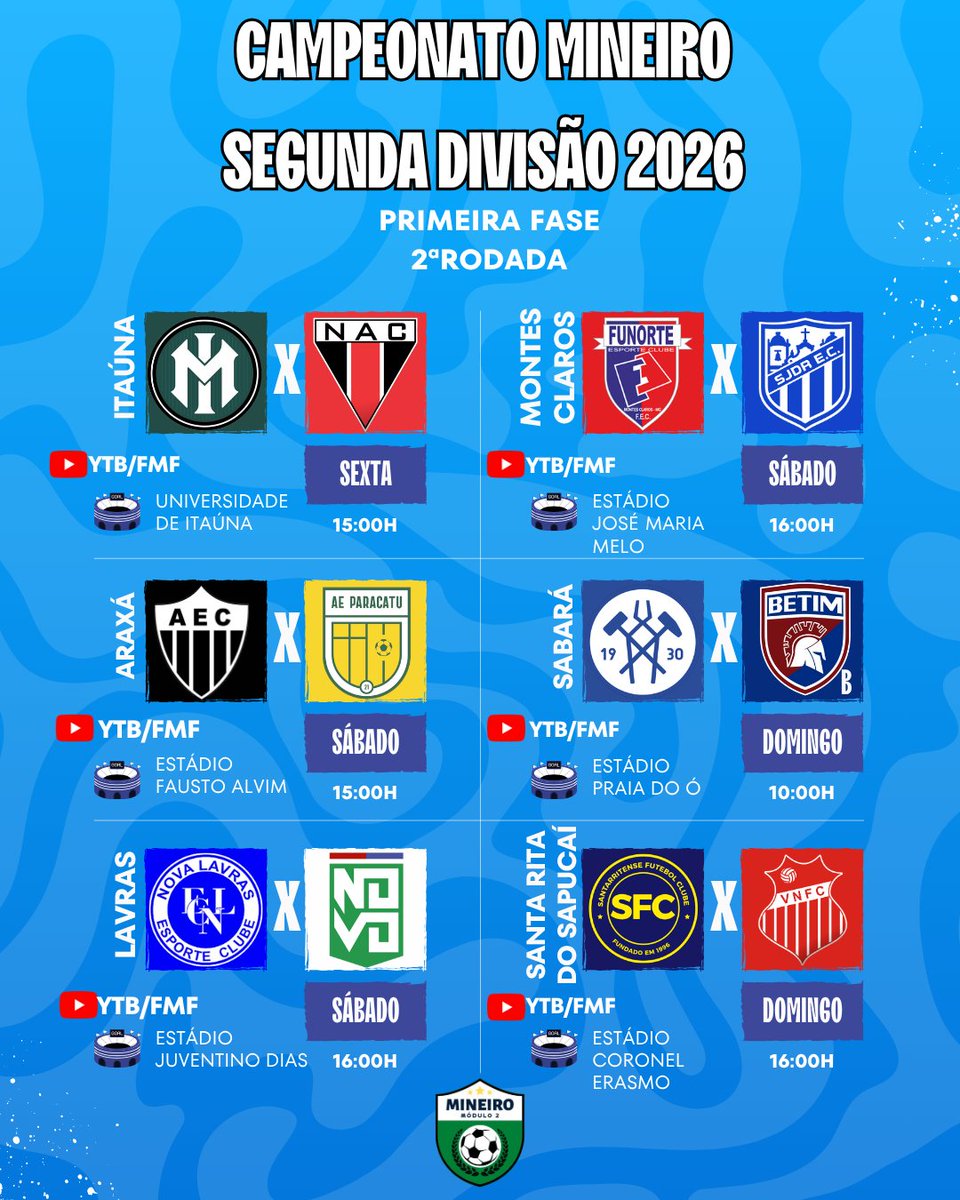 mineiromodulo2's tweet photo. MATCH DAY🏆⚽

Hoje é dia de Campeonato Mineiro Segunda Divisão 2026, confira os jogos da 2ªRodada da competição. https://t.co/j66yluok8T
