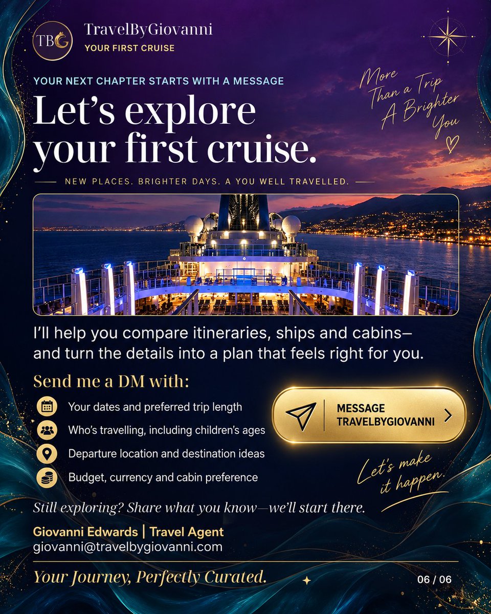 TravelByGio's tweet photo. Thinking about your first cruise? 🚢

Start with what shapes the experience: destination, ship atmosphere, cabin, trip length and the full cost beyond the cruise fare.

Swipe through my first-cruise guide. ✨

#TravelByGiovanni #FirstCruise #CruiseTravel https://t.co/K3LXswHDWA