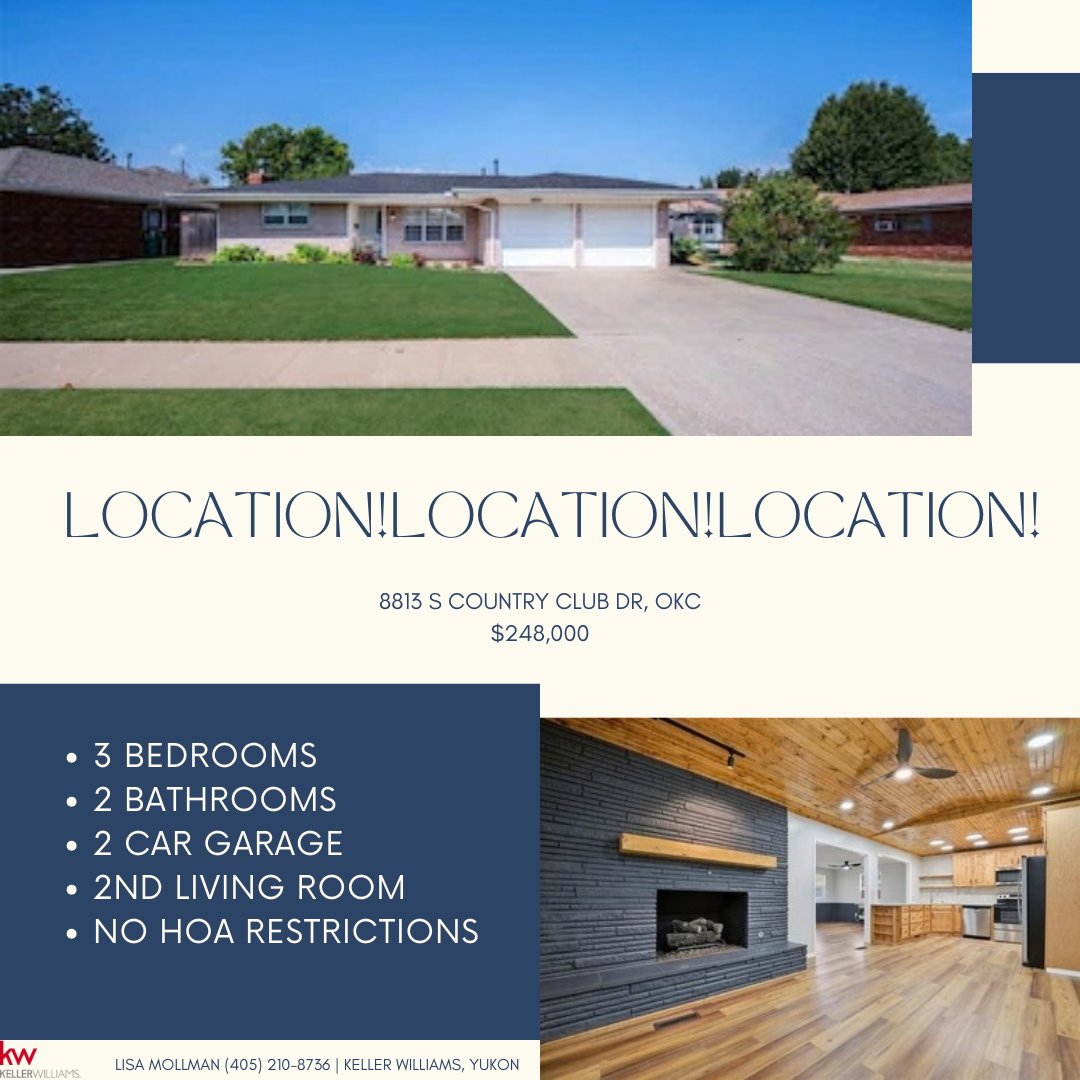 OKCHomesByLisa's tweet photo. Open House this Sunday from 2-4pm! 8813 S Country Club Dr, OKC | $248,000 (3 Bed | 2 Bath | 1,677 Sq Ft)
 Located close to OCCC, the airport, major highways, and shopping centers, with an enclosed back patio and deep garage. 
Lisa Mollman (405) 210-8736 | Keller Williams, Yukon https://t.co/14hGCip4mi