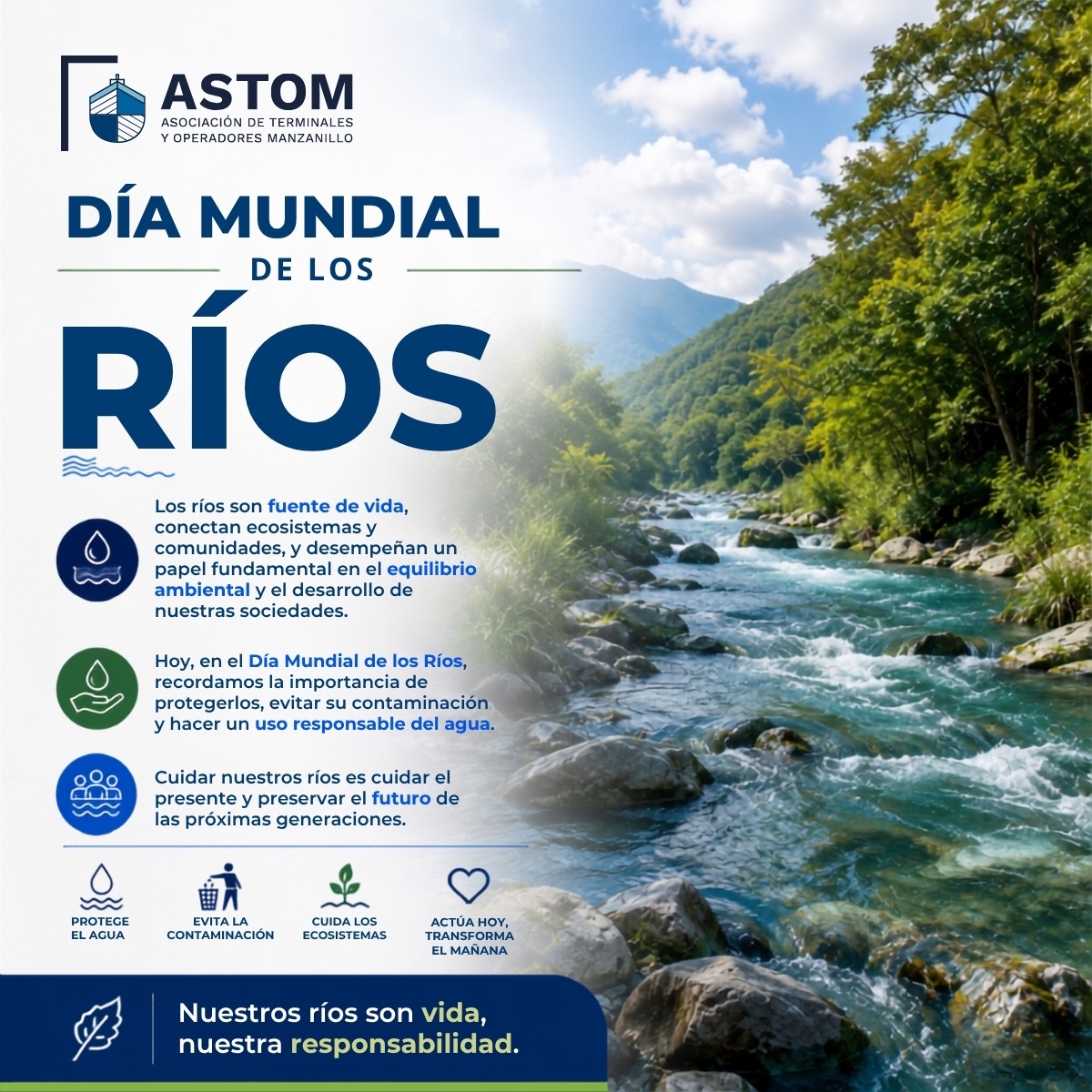 astom_mx's tweet photo. 🌊🌿 Día Mundial de los Ríos

Los ríos son fuente de vida, conectan ecosistemas y comunidades, y desempeñan un papel fundamental en el equilibrio ambiental y el desarrollo de nuestras sociedades.
Hoy, en el Día Mundial de los Ríos, recordamos la importancia de protegerlos, evitar su contaminación y hacer un uso responsable del agua.
💧 Cuidar nuestros ríos es cuidar el presente y preservar el futuro de las próximas generaciones.

#DíaMundialDeLosRíos #CuidemosElAgua #MedioAmbiente #Sustentabilidad #CuidemosElPlaneta