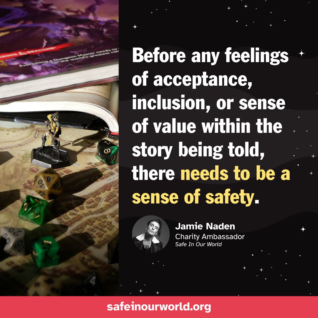 SafeInOurWorld's tweet photo. We spoke with Jamie Naden about the mental health benefits of TTRPGs. 🧙‍♂️ Charity ambassador Jamie is hosting a D&amp;D livestream (Oct 17) supported by @Gamesporium, who are currently matching donations (until Wed 30).

Read more, donate, and vote in polls 👇
https://t.co/LWSMdNWZFX https://t.co/fLk5Iu5nve