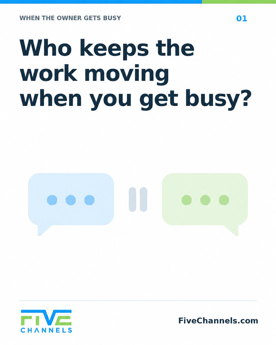 5Channels's tweet photo. You finally find ten minutes to check on your marketing. All ten go to finding out who is waiting on whom.

Some decisions need your input. But routine progress should have a named person responsible, a clear deadline, and an agreed way to flag a blocker.

Before your next busy week, ask which decisions need you and what can move ahead without another check-in.

Save this for your next marketing conversation.

#FiveChannels #BusinessOwners #MarketingStrategy #SmallBusinessMarketing #BusinessGrowth