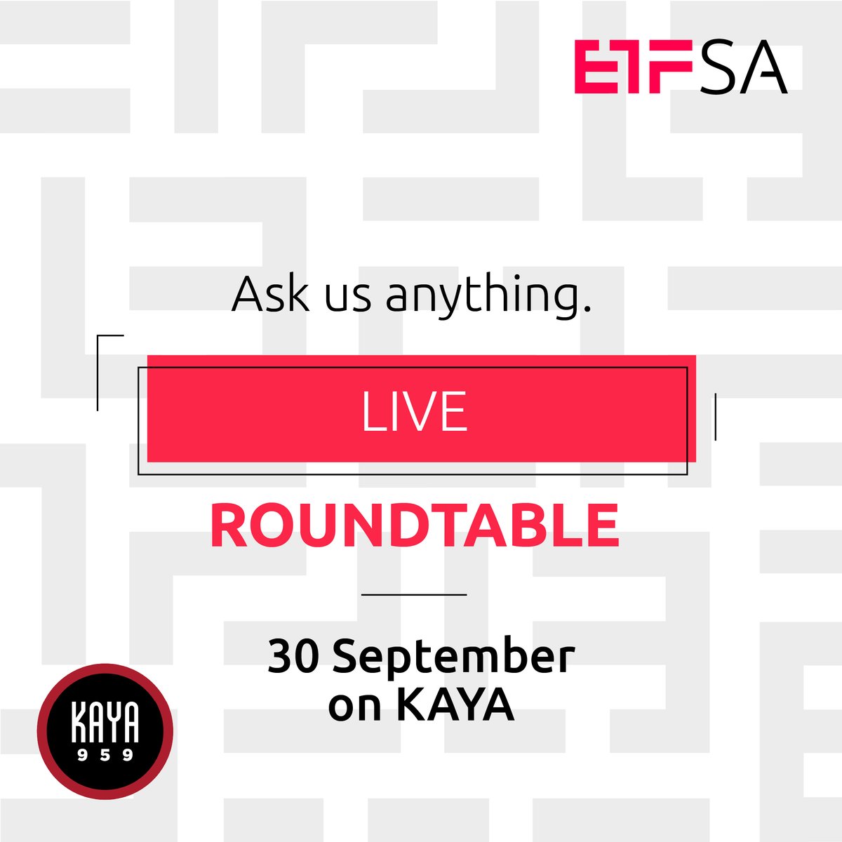 ETFSA's tweet photo. Excuses don't grow your money. Investing does.
Join ETFSA and Kaya 959 for another installment of the Excuse Proof Investing roundtable. Join us on air or via livestream from 18:30 on Wednesday, 30 September.

Drop any investment questions you have, down below. https://t.co/PsAEp8irps
