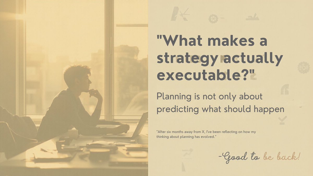 IAMIQBALM's tweet photo. After six months away from X, I’ve been reflecting on how my thinking about planning has evolved.

I used to focus heavily on building the right plan.

Today, I’m increasingly interested in a harder question:
What makes a strategy actually executable?

Because a good plan alone is not enough.
Execution depends on reliable assets, capable people, available resources, access to the right information, clear decisions,and the ability to respond when conditions change.

That shift has changed how I think about planning:
Planning is not only about predicting what should happen. It is about creating the conditions that allow the right things to happen. 
This is an area I want to explore more deeply: the intersection of strategic planning, reliability, execution, and increasingly, AI.

Good to be back.