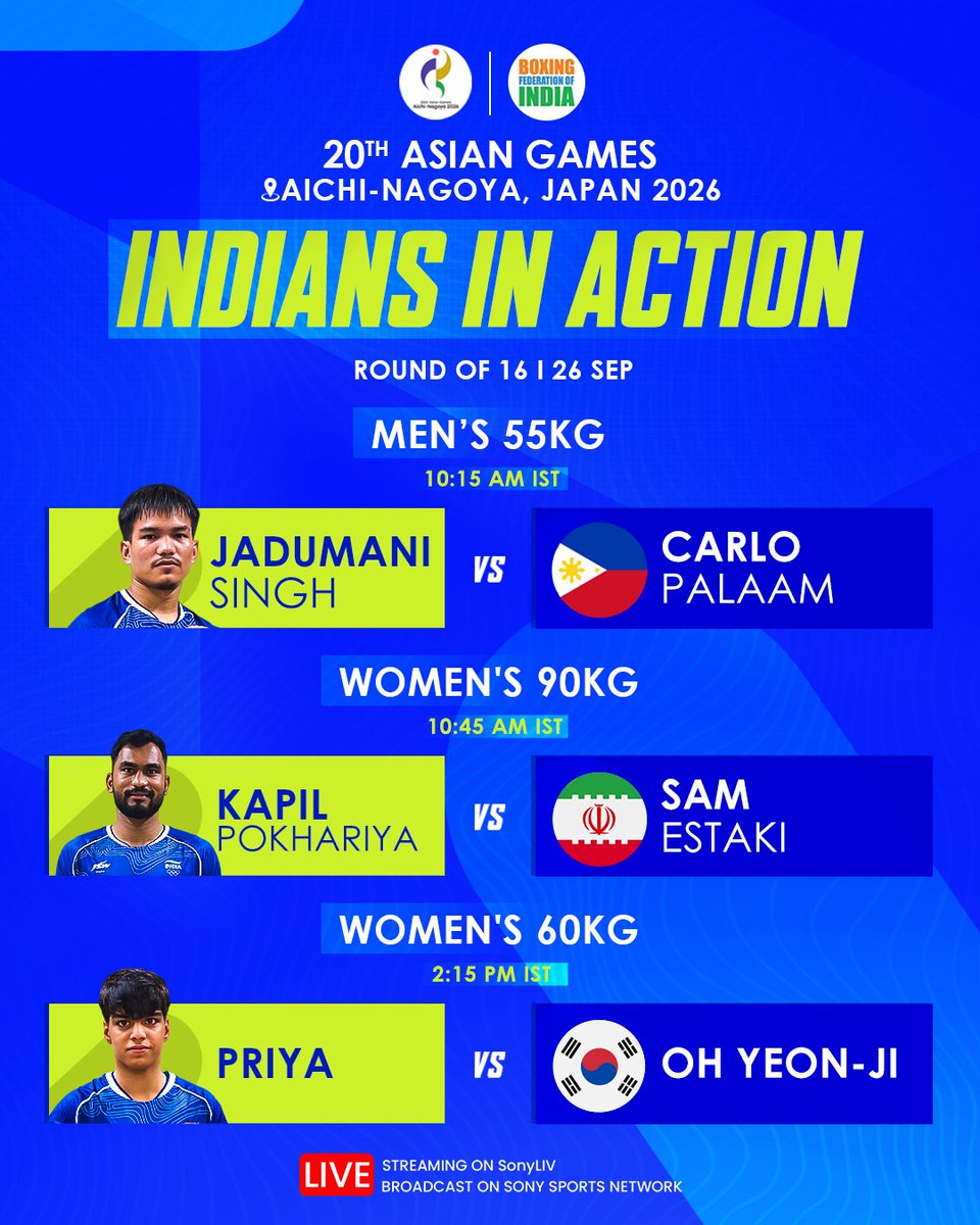 BFI_official's tweet photo. The next three are ready🔥🥊🇮🇳

Catch Jadumani, Kapil and Priya in action tomorrow at the 2026 Asian Games. 🙌🏻

📺 Catch all the action LIVE streaming on SonyLIV and broadcasting on Sony Sports Network!

#IndianBoxing #2026AsianGames https://t.co/IBz8phmIWV