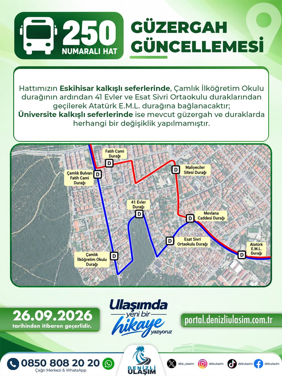 dbb_ulasim's tweet photo. Sayın vatandaşlarımız, 250 numaralı hattımızda güzergah güncellemesi yapılmıştır. Güncel güzergah ve hat bilgilerine portalımız ve mobil uygulamamız üzerinden ulaşabilirsiniz.
#denizli https://t.co/14prriMVOz