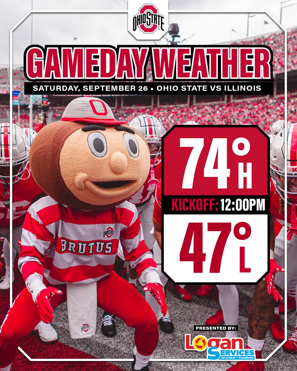OhioStAthletics's tweet photo. Back in The 'Shoe for @OhioStateFB vs Illinois tomorrow 🤩       

🗓️ Saturday, September 26th  
🏟️ The 'Shoe     
☀️ 74 Degrees          

Score big savings on heating and a/c replacement this season with help from @LoganServices. Book your free estimate online: https://t.co/UX08l6OCbI 

#GoBucks