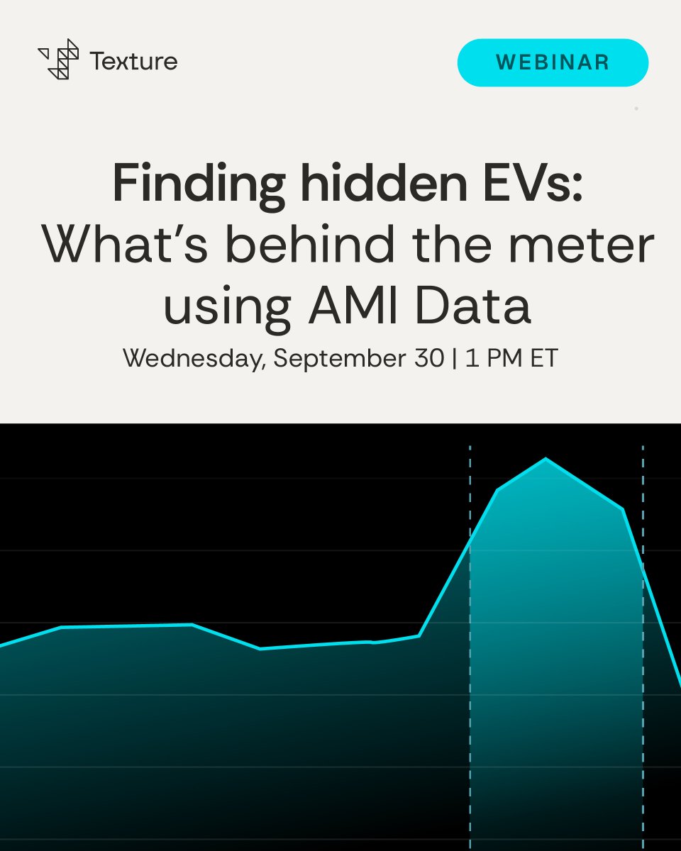 TextureEnergy's tweet photo. EVs and other distributed energy resources are showing up behind the meter faster than utility records can keep track of.

On September 30 at 1 PM ET, we're walking through how Texture turns existing AMI data into an actionable DER map, helping teams identify likely assets, verify what's connected, and plan around it.

Register for our webinar walking through a case study with real results: https://t.co/075Gf7UKvp
