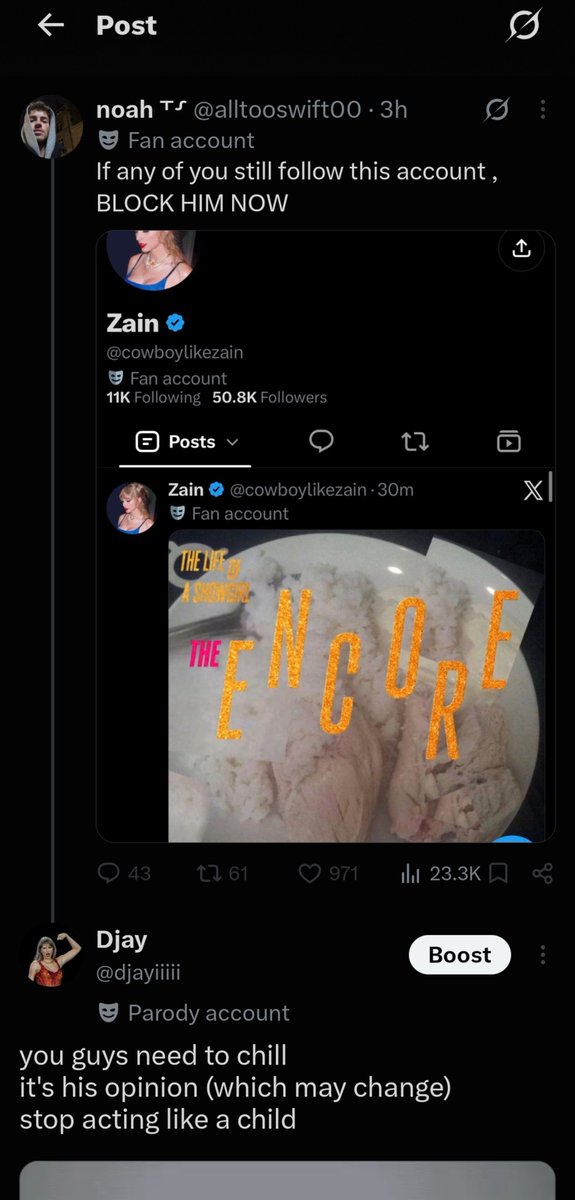 djayiiiii's tweet photo. music is subjective 
if u guys are crying over and acting immature y'all can leave

taking this opportunity to showcase yourselves as a TAYWARRIOR for clouts and views is embarrassing https://t.co/WmWP79FvBP
