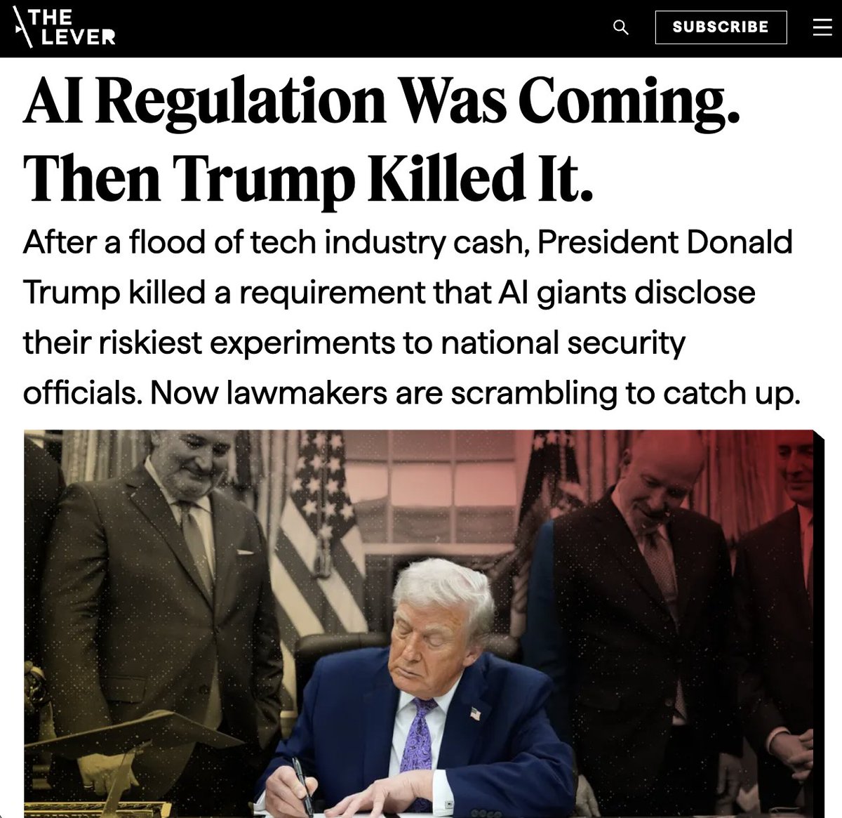 davidsirota's tweet photo. 🚨EXCLUSIVE: AI safety rules were about to be enacted - then $25 million from OpenAI's president was deposited in Trump's super PAC and the rule disappeared.

@LeverNews unearths documents exposing how AI oligarchs got Trump to kill rules they now claim to support. Pass it on👇 https://t.co/NfGAu9St0U
