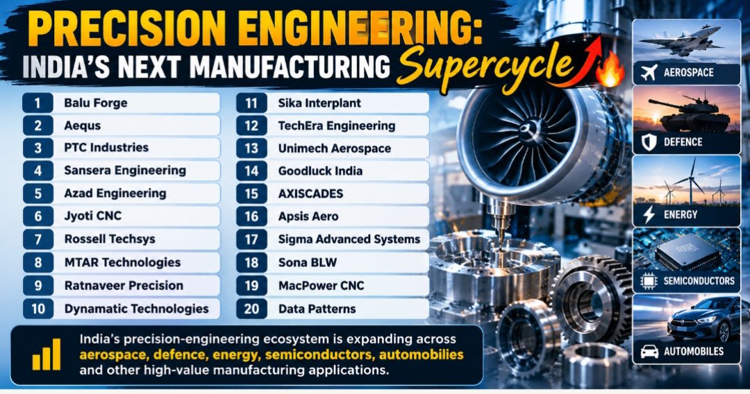 TheAlpha10X's tweet photo. PRECISION ENGINEERING:

INDIA’S NEXT MANUFACTURING Supercycle 🔥

20 Stocks for Watchlist ⚡ 

1. Balu Forge
2. Aequ
3. PTC Industries
4. Sansera Engineering
5. Azad Engineering
6. Jyoti CNC
7. Rossell Techsys
8. MTAR Technologies
9. Ratnaveer Precision
10. Dynamatic Technologies
11. Sika Interplant
12. TechEra Engineering
13. Unimech Aerospace
14. Goodluck India
15. AXISCADES
16. Apsis Aero
17. Sigma Advanced Systems
18. Sona BLW
19. MacPower CNC
20. Data Patterns

India’s precision-engineering ecosystem is expanding across aerospace, defence, energy, semiconductors, automobiles and other high-value manufacturing applications.

✅ RETWEET & SHARE if you find this useful

Which of these stocks do you like the most❓

For detailed ANALYSIS of these stocks, go to the comment section 👇👇👇👇
