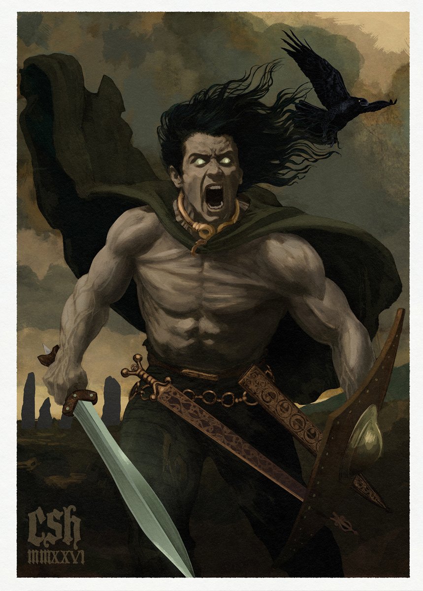 hall_sloan's tweet photo. 'Cú Chulainn as the Ríastrad takes hold'
Most famous of hero's of ancient Irish battle-lore, enraged by the invasion homeland of Ulster, he enters the warp spazm, known originally in Old Irish as the Ríastrad—a terrifying, grotesque supernatural battle frenzy experienced by the Irish Lord of Death⚔️
Museum quality Giclée prints available here!👇
https://t.co/BzLMRkrabG