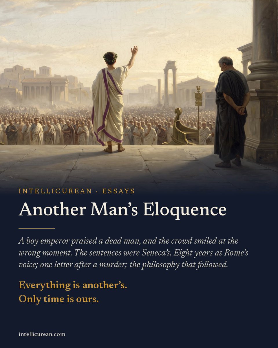 Intellicurious's tweet photo. ANOTHER MAN'S ELOQUENCE - AN INTELLICUREAN ESSAY
Rome, AD 54. A boy of sixteen praises the dead Claudius. When the speech reaches his wisdom, nobody in the Forum can keep a straight face. The old men's verdict, in Tacitus: Nero was the first ruler to need another man's eloquence. https://t.co/PoJiVcrOau