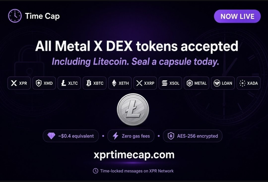 TimeCap_XPR's tweet photo. Last night I said I’d add Litecoin payment rail. 

I added Litecoin.

Then I added every token traded on Metal X DEX.

XPR. XLTC. XBTC. XETH. METAL. XMT. LOAN. XDOGE. XXRP. XSOL. XADA. XHBAR. XXLM,   IS LIVE 

Seal a capsule with whatever you’re holding. Capsules are AES-256 in your browser. On-chain sealed. Unlock any date. 

https://t.co/4RjxDynUSo⚛️ #XPR #LTC #MetalX @XPRNetwork
 @MetalXApp $XPR