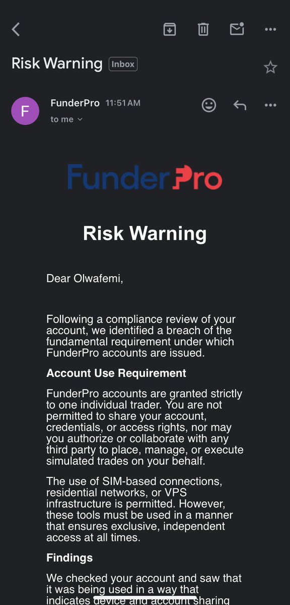 JeremyFx001's tweet photo. 🚨FUNDERPRO IS A BIG SCAM🚨

I started trading with FunderPro on a $100K Classic 2-Phase account. I started trading the account and was able to pass Phase 1 and Phase 2 with no issues. I completed my KYC and agreement and was waiting for my funded account.

The next day, I received a message from their risk team claiming that I had breached their lot-size rules while trading Phase 2. I found this very strange and complained about it, but nothing was done. They denied me the funded account and instead gave me another $100K account to start all over again.

I was extremely pissed, but there was nothing much I could do. I complained to them about it, but nothing changed, so I decided to accept the new account and start over.

This time, I made sure I learned from what they claimed was the mistake on my first account. I traded the second evaluation consistently without any significant increases or decreases in my lot sizes. I passed Phase 1 of the second account on September 11 and started trading Phase 2.

Yesterday, September 24, I passed Phase 2.

I was expecting to finally receive my funded account this time because I made sure to follow every single rule they had.

Unfortunately, today, September 25, I received another email from them claiming that I had breached their rules because my account was supposedly logged in from another IP address.

That never happened.

I don’t even have trader friends around me, nor have I ever exchanged networks with anyone. I have never shared my account, credentials, device, or access with another trader.

I don’t even log into my FunderPro account from a PC, not to mention someone else’s phone or network. I have only ever accessed and traded this account from my own phone.

This is the second time I have successfully completed their evaluation only to be denied a funded account because of an allegation I know I did not commit.

I ignored the first incident because there was a significant decrease in my lot size, and I accepted that perhaps I had misunderstood one of their rules. But this second time, I genuinely did nothing wrong.

At this point, it is extremely difficult for me to believe these are simply coincidences. It feels like they are finding reasons not to give me my funded account.

I have promoted FunderPro for a while because I genuinely believed in the company. But after experiencing this twice, I have completely changed my view of them, and I want other traders to know about my experience.

FunderPro is a very big scam in the prop firm space, they’re the worst firm I’ve ever traded with. 

Always do your research very well before buying any prop firm’s majority of them are just scammers.