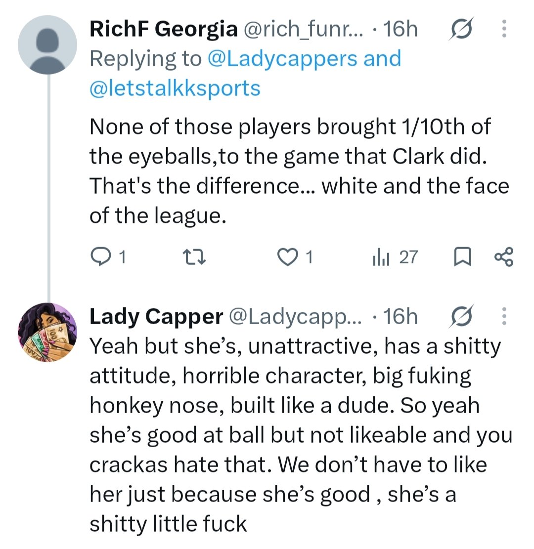 DrSniggles's tweet photo. @Ladycappers @girlshooptwo @letstalkksports "im not a Clark hater" btw 😭. Exposed in 4k lol. And you are very racist towards white people, all your replies are just hating white people. We need to come together as Americans! https://t.co/9ySciiv4RL