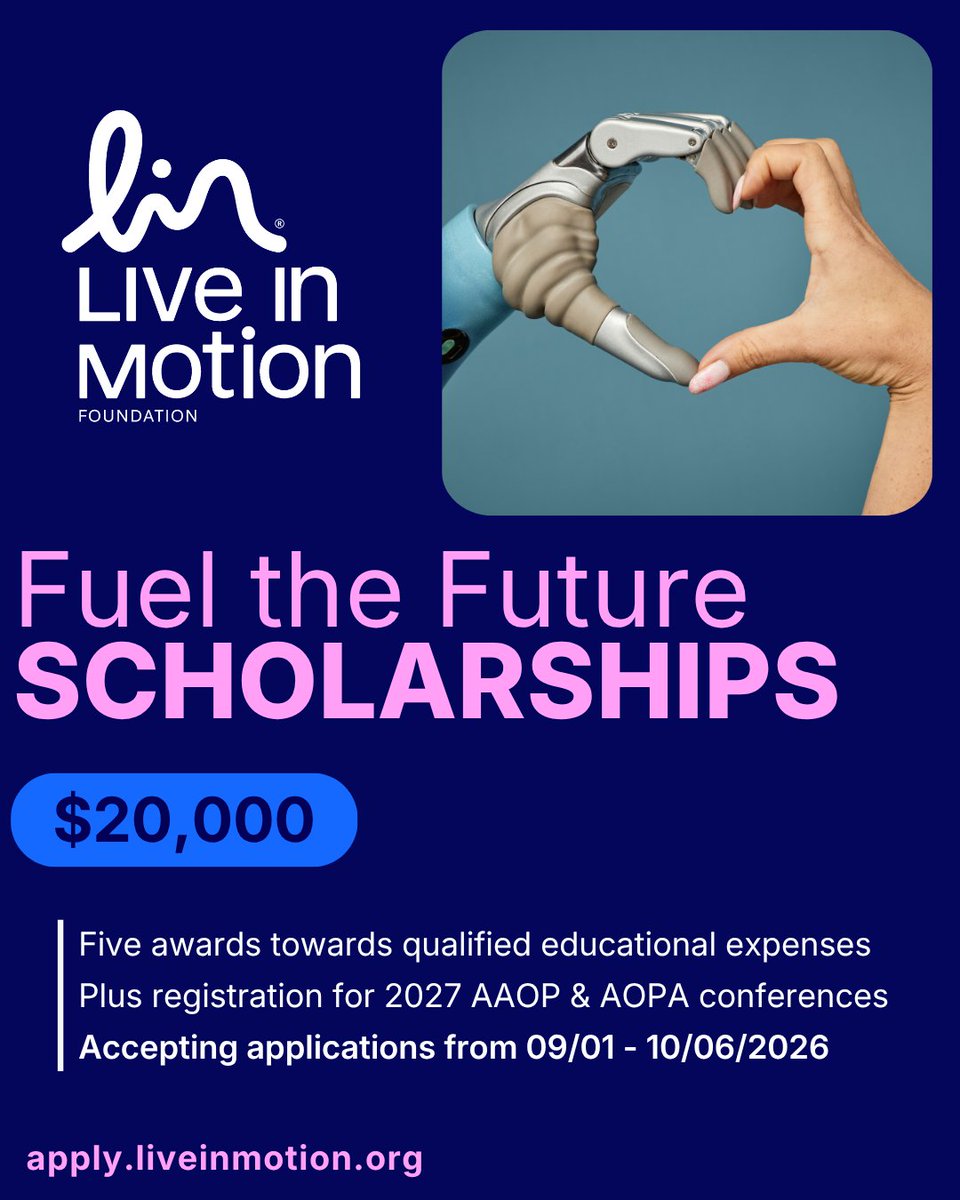 LiveinMotionOrg's tweet photo. 🎓 Fuel the Future Scholarships close in 1 week! 

Five full-time O&amp;P master’s students will each receive  a $20,000 scholarship    
https://t.co/sl9MKjQQoM 

#LiveinMotionFoundation #LiveinMotion #FueltheFuture #MobilityMatters #Orthotics #Prosthetics #Pedorthics https://t.co/dymC5SpUia