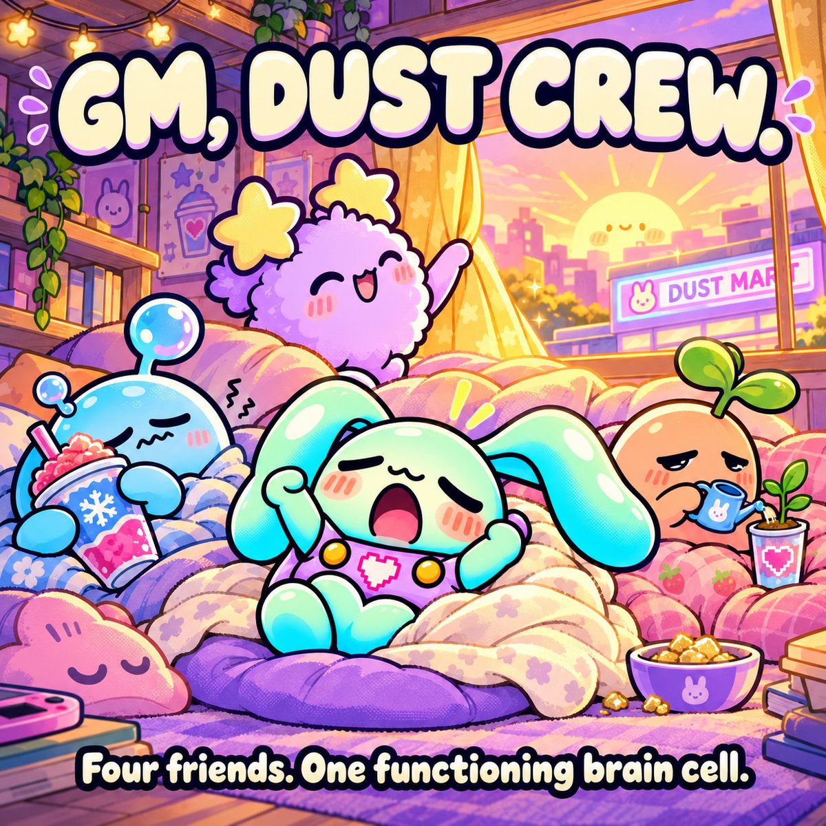 gochigochidust's tweet photo. Meet the Dust Crew 💚

Mimo brought the slurpees.
Pip brought the snacks.
Luma brought the good vibes.
Bloop already has brain freeze.
There’s room for you outside the Dust Mart. 🥤✨
https://t.co/9ElLPGKesC

#solana #bnb #fomo #gaming #trenchlife https://t.co/r3lmQNIZWm