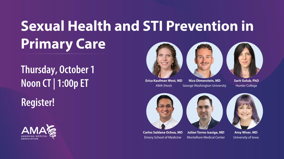 AMAEdHub's tweet photo. Join @AmerMedicalAssn for an expert panel discussion to learn how primary care physicians can approach sexual health without stigma, normalize STI prevention conversations, and prescribe #HIVPrEP and #doxyPEP to help protect patients. CME available. Register today!
https://t.co/t9WSD7YJJH