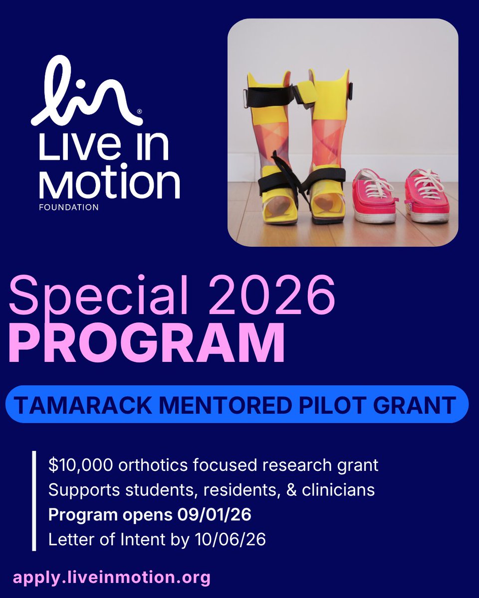 LiveinMotionOrg's tweet photo. CLOSING SOON!

The Tamarack Mentored Pilot Orthotics Research Grant provides $10,000 plus structured mentorship to support a focused pilot project.        

LOI due Oct. 6 |  Proposal due Nov. 2       

Learn more: https://t.co/nI8dIy4bEE 

#LiveinMotionFoundation #LiveinMotion #ResearchMatters #ClinicalResearch #AdvancingMobility #Orthotics