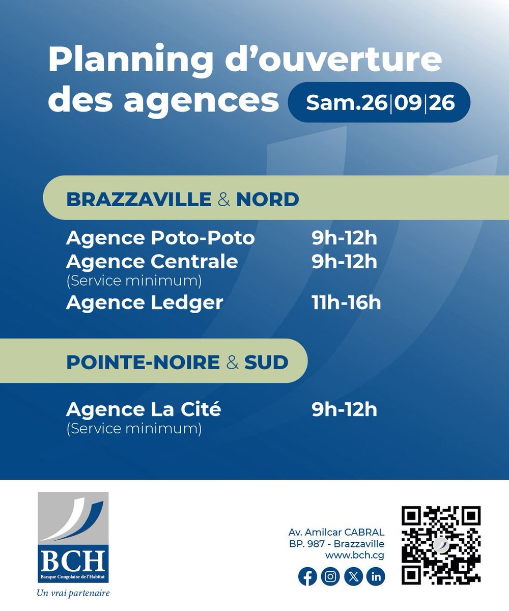 Banque_habitat1's tweet photo. Consultez le planning de nos agences du 26 Septembre 2026 pour planifier vos visites ce samedi et bénéficier de nos services bancaires à votre convenance.

Voici la liste de nos agences 👉 https://t.co/IOyfK1BoAP

#bch #banque #habitat #immobilier https://t.co/uT0OkXMehM