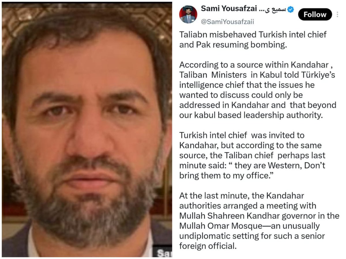StrategicWat's tweet photo. 🚨Know Sami Yousafzai well.

Sami Yousafzai, who describes himself as an independent journalist, is in fact a paid propagandist for Pakistani intelligence agencies working against Afghanistan. At their direction, he spreads propaganda about Afghanistan that is completely at odds with facts and realities.

The purpose of the Turkish intelligence chief’s visit to Kandahar was not to meet the Amir-ul-Momineen. The Turkish intelligence chief was reportedly very pleased to visit Afghanistan, but Sami Yousafzai, allegedly at the direction of Pakistani intelligence, shamelessly spread propaganda about the visit.