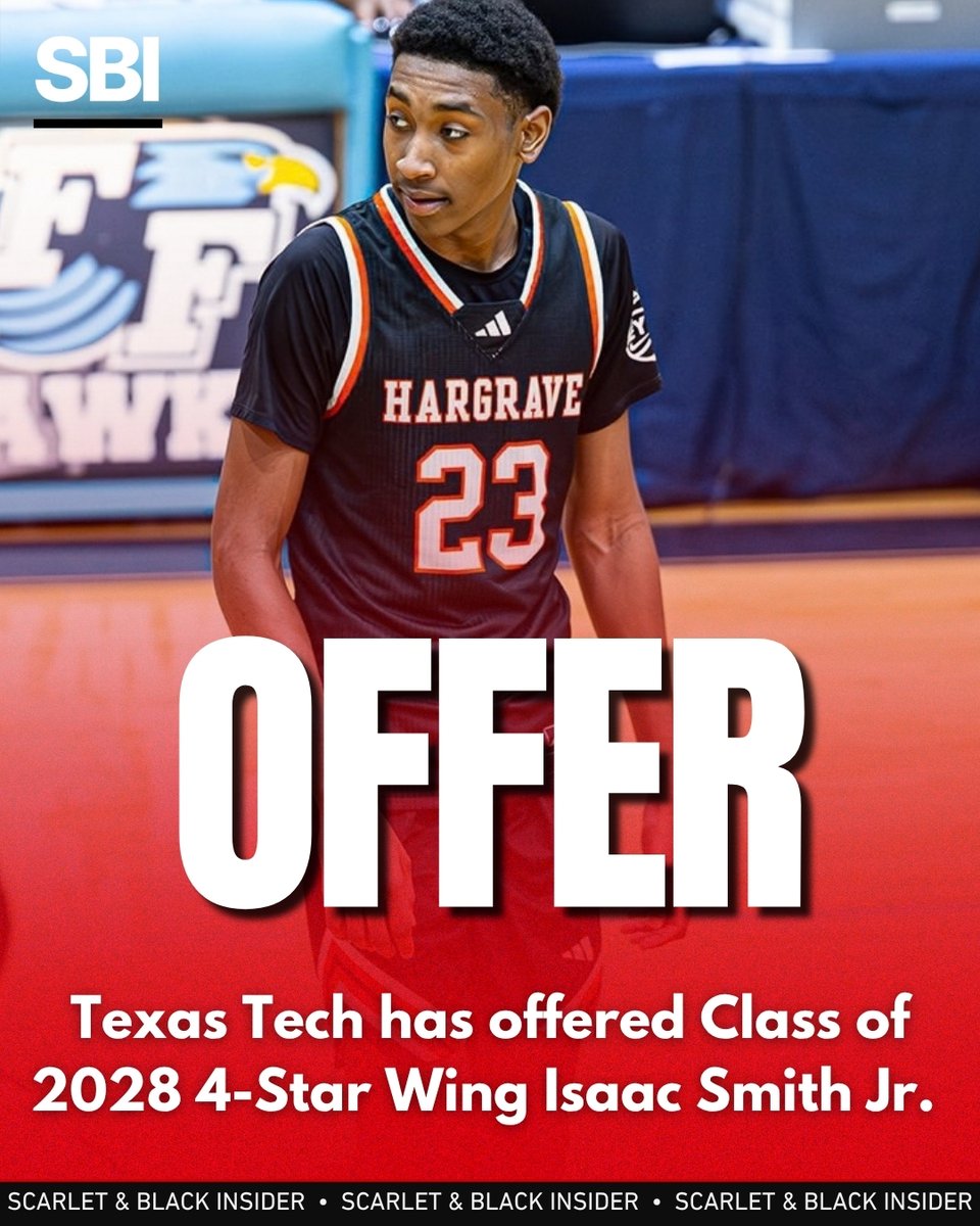 SBInsiderHQ's tweet photo. OFFER | Texas Tech 🏀 has offered Class of 2028 ⭐️⭐️⭐️⭐️ Wing @23isaacsmith, he announced.

Smith is a 6'6 wing and is the No. 40 overall recruit in the 2028 class, per 247Composite rankings.

Smith also has offers from schools such as Cincinnati, Mississippi State, and Indiana. https://t.co/WJmvJOSCMV