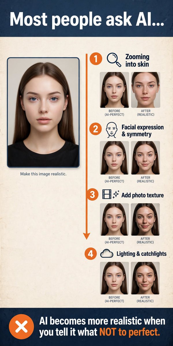 UgoDonald2's tweet photo. Most people ask AI:
“Make this image realistic.”
Try this instead:
“Describe the physical imperfections that would make this image look photographed rather than generated.”
Then use those imperfections in your next prompt.
AI become realistic when you tell it what not to perfect. https://t.co/cXufjVtqXu
