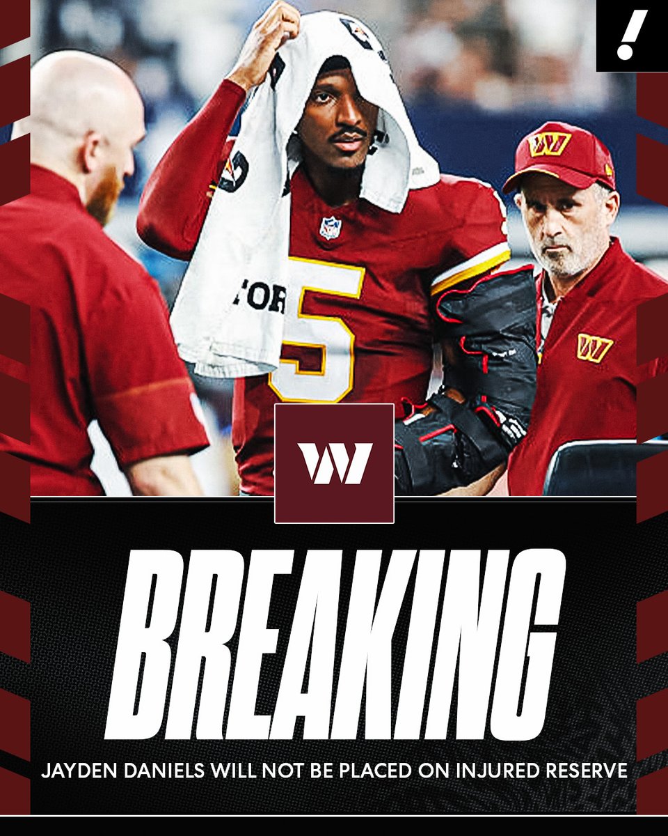 YahooSports's tweet photo. BREAKING: Jayden Daniels will not be placed on injured reserve, sources confirmed to @RapSheet and @AdamSchefter.

The Commanders QB is now considered week-to-week with a dislocated left elbow, and both Daniels and the team are hoping for a return as soon as possible. https://t.co/NtXVX03OkB