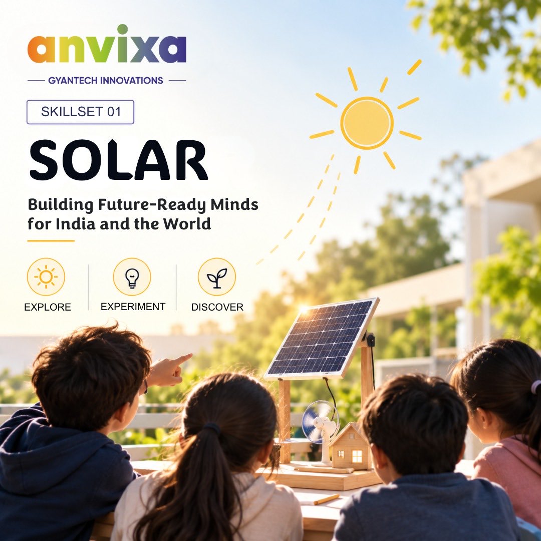 AnvixaGyantech's tweet photo. Skillset 01: Solar ☀️

Our Solar Skill Development program for Grades 6–12 introduces learners to solar energy, technology, applications and hands-on experimentation—helping them connect learning with practical learning. 

Stay tuned!

#Anvixa #FutureSkills #SolarEnergy https://t.co/LfvdoKzZyN