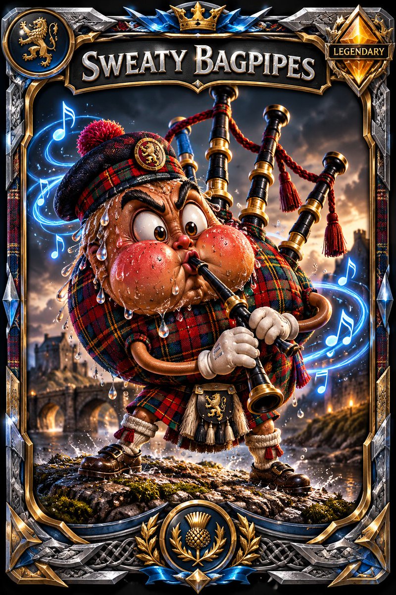 rareitup's tweet photo. 😂 Okay… I said I’d have a go at creating my own card.

Meet SWEATY BAGPIPES.

Absolutely ridiculous? Yes.

Would I still want to pull it from a pack? Also yes. 😂🏴󠁧󠁢󠁳󠁣󠁴󠁿

But there’s actually a serious idea behind the madness.

We want to see what YOU would create.

If you could design a trading card from scratch, what would it be?

⚔️ A proper fantasy character
👾 Something completely bizarre
😂 A card designed purely for a laugh
🎨 Original artwork
🔥 A character with its own story
🃏 Or even the beginning of an entire collection

Use AI. Draw it. Sketch it. Make it in Photoshop. Scribble it on paper and take a photo.

We genuinely don’t care how you make it — just have fun with it.

Drop your creation in the replies and tell us a little about it.

Collectors, artists, card designers, TCG fans — come and show us what you’ve got.

And if you’ve got friends who live and breathe cards, tag them in. 👇

Would love to see a few people from the wider card community have a crack too:

@vaultxhq @dacardworld @Topps

Come have a look at what we’re building:
https://t.co/Oxivb4vB4u

Community:
https://t.co/Wi9JLOywLh

#RareItUp #TradingCards #CardCollectors #TCGCommunity #Collectibles #CardDesign #DigitalCollectibles