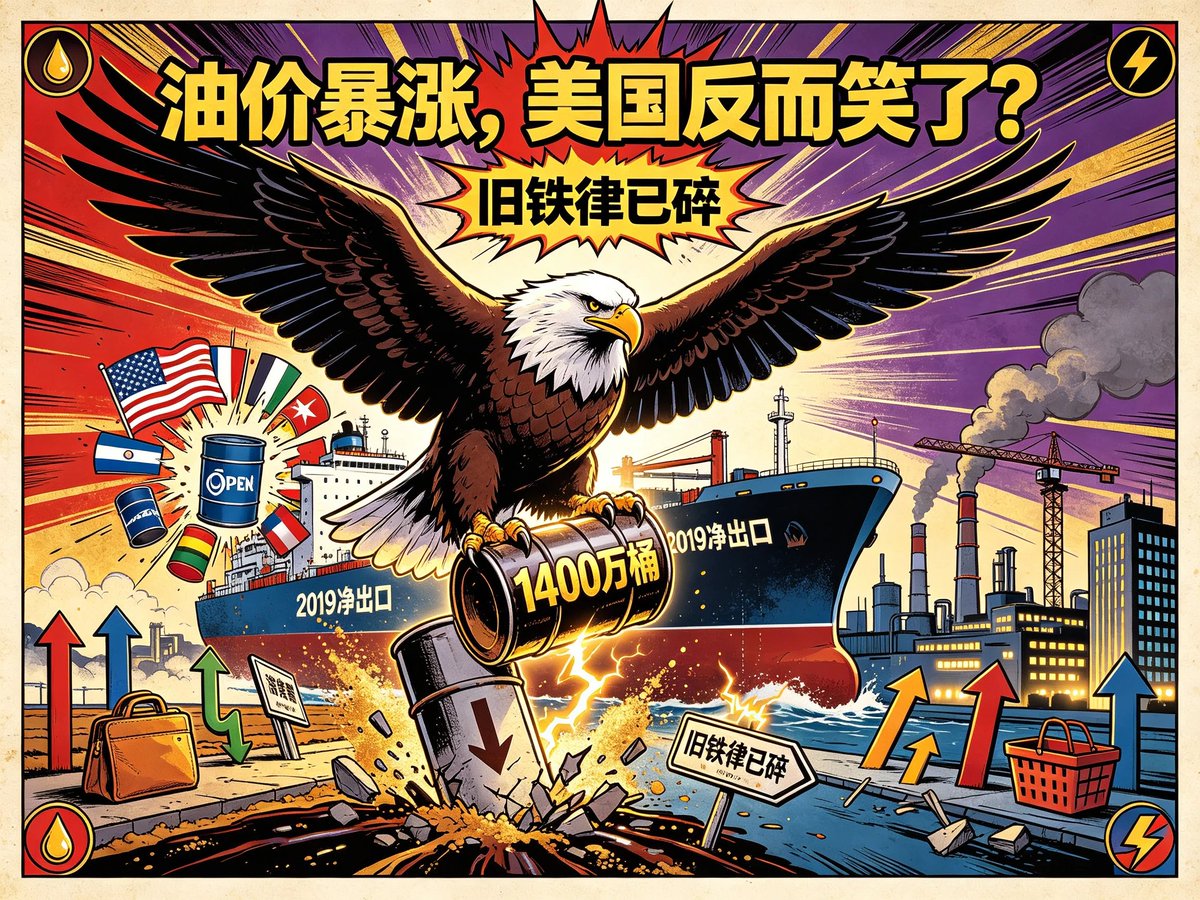 ysyx2020's tweet photo. 几十年来，有一个铁律：油价一涨，美国就衰。

1970年代以来，几乎所有人都信了：油价暴涨→消费者变穷→经济衰退。美国是全球最大石油进口国之一，油价一涨，钱包就被抽血，经济就被拖垮。

但今天，这条铁律被美国自己撕碎了。

美国原油日产量，从2000年代末约 500万桶，一路飙到2025年接近 1400万桶，并在2019年成为石油净出口国。身份变了，命运也变了。

最新研究用欧佩克意外供应冲击做识别，发现全球石油供应收缩、油价上涨后，美国得到的能源收入和财富效应，已经足够支撑工业生产和消费，甚至制造业、建筑、服务业活动也会上升。

以前油价暴涨，是把美国送进衰退。现在油价暴涨，可能反而刺激美国经济。

看懂这个转变，你就比还在用旧地图的人早一步看到新大陆。别人还在喊“油价一涨，美国完蛋”，你已经知道：美国现在，可能正等着油价涨。