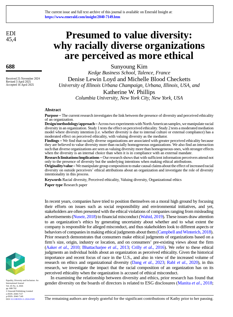 EDI_Journal's tweet photo. Paper spotlight @EDI_Journal: Sunyoung Kim; Denise Lewin Loyd; Michelle Blood Checketts &amp; Katherine W. Phillips - 'Presumed to value diversity: why racially diverse organizations are perceived as more ethical'.  See thread for key takeaways (1/4). 
Paper: https://t.co/T8HE7BNw3K https://t.co/UVr8PzZiQX