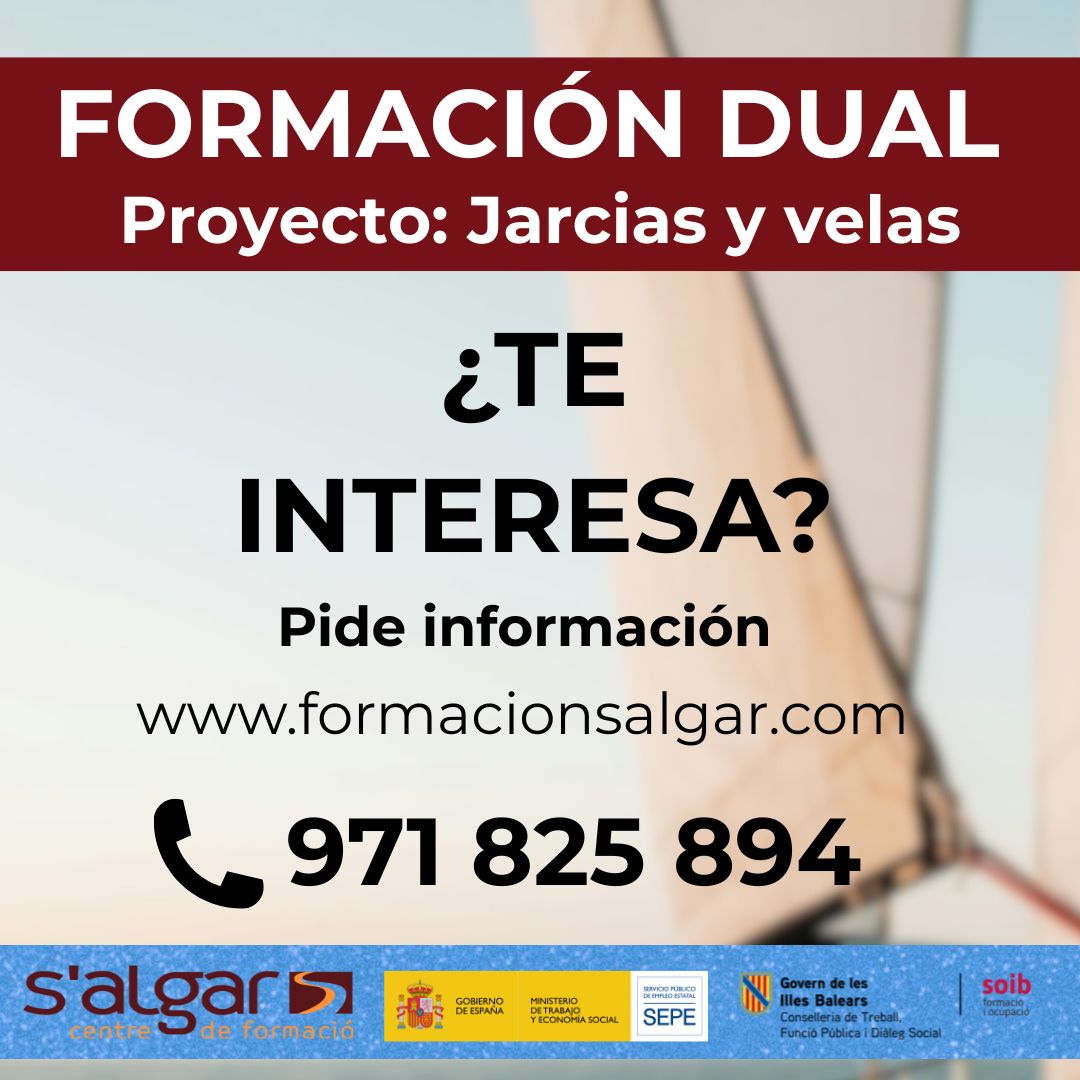 salgarformacio's tweet photo. ¡Plazas abiertas! Formación Dual en jarcias y velas
@salgarformacio abre inscripciones para una formación especializada dentro del sector náutico, con la financiación @soibgoib #SEPE
📍Palma
📆Inicio: 15 octubre
☎️Llámanos 971 82 58 94
Clica https://t.co/2KARNTWC6S https://t.co/rmx4byvtuh