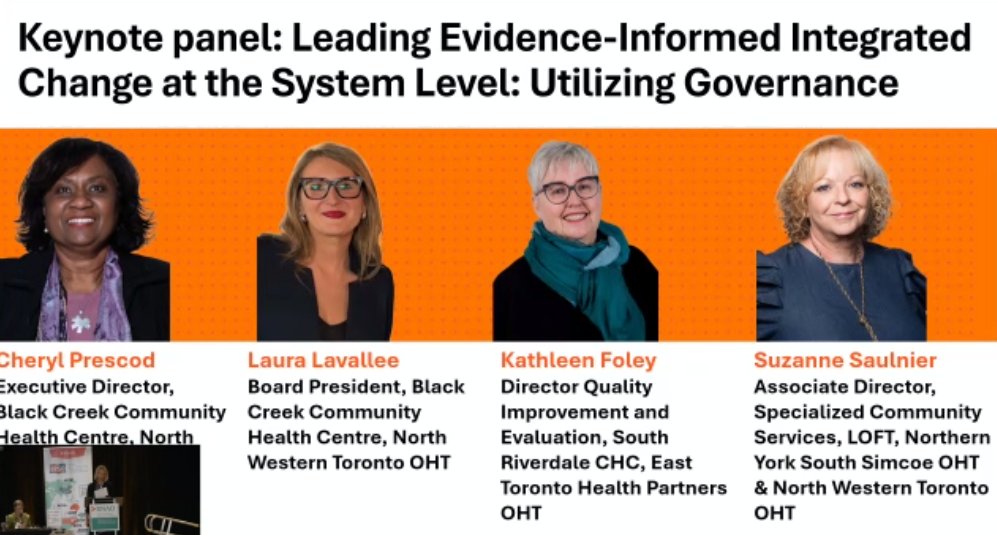 RNAO's tweet photo. It’s time for today’s keynote panel at the #BPSOOHTSummit: Leading Evidence-Informed Integrated Change at the System Level: Utilizing Governance Format.

A warm welcome to our panelists:
➡️Cheryl Prescod, executive director at @BlackCreekCHC
➡️Kathleen Foley, director quality improvement and evaluation at @SRiverdaleCHC
➡️Laura Lavallee, board president at @BlackCreekCHC
➡️Suzanne Saulnier (@Suzanne32857107), associate director, Specialized Community Services, @LOFTCS, of @SLCommunityOHT & @NWTorontoOHT

Moderator: RNAO CEO Dr. @DorisGrinspun.

Learn more: https://t.co/kTUBNNgdS0 #BPSO
