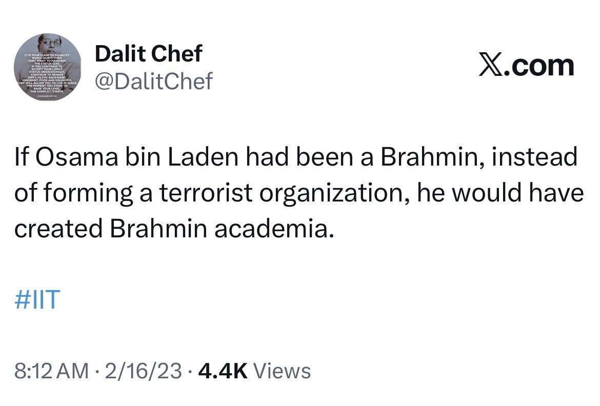 DalitChef's tweet photo. If Osama bin Laden had been a Brahmin, instead of forming a terrorist organization, he would have created Brahmin academia. https://t.co/wM2sWWgequ