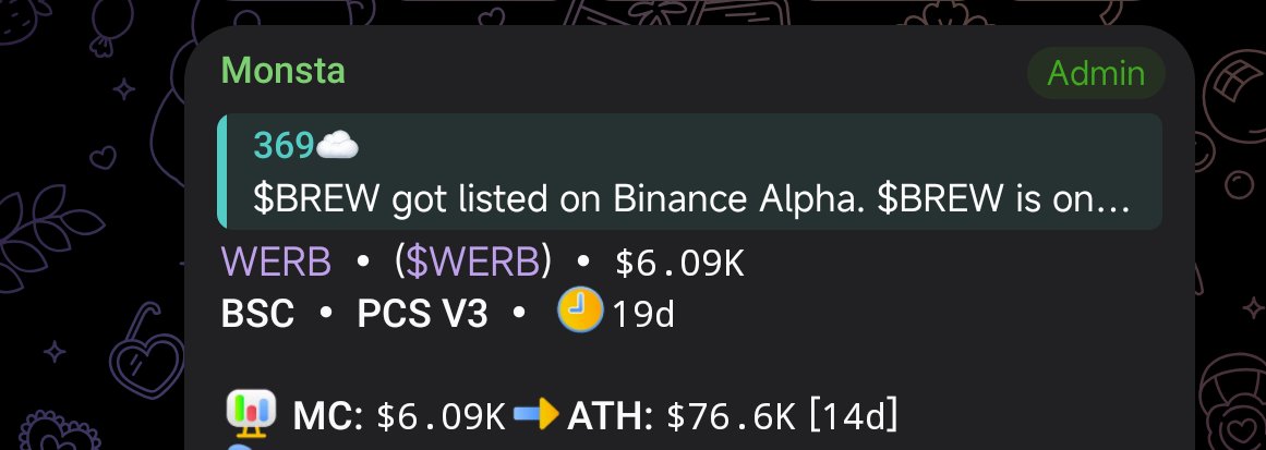 Yucee_Official's tweet photo. BREW got listed on Binance Alpha.
BREW is one of the most community-driven protocols on BNB ATM. 
Robinhood has PONS.
Solana has STONK.
BNB has BREW.

Reflection pairs went crazy in other chains and this hasnt ran yet. 
PONS had SNOP
STONK had KNOTS
BREW will have $WERB. 

Judging by what is currently happening on BNB with BREW, This could gigasend any moment.

0xef5ef03a4cce9b8b5fa88e194ac7e401b670a461