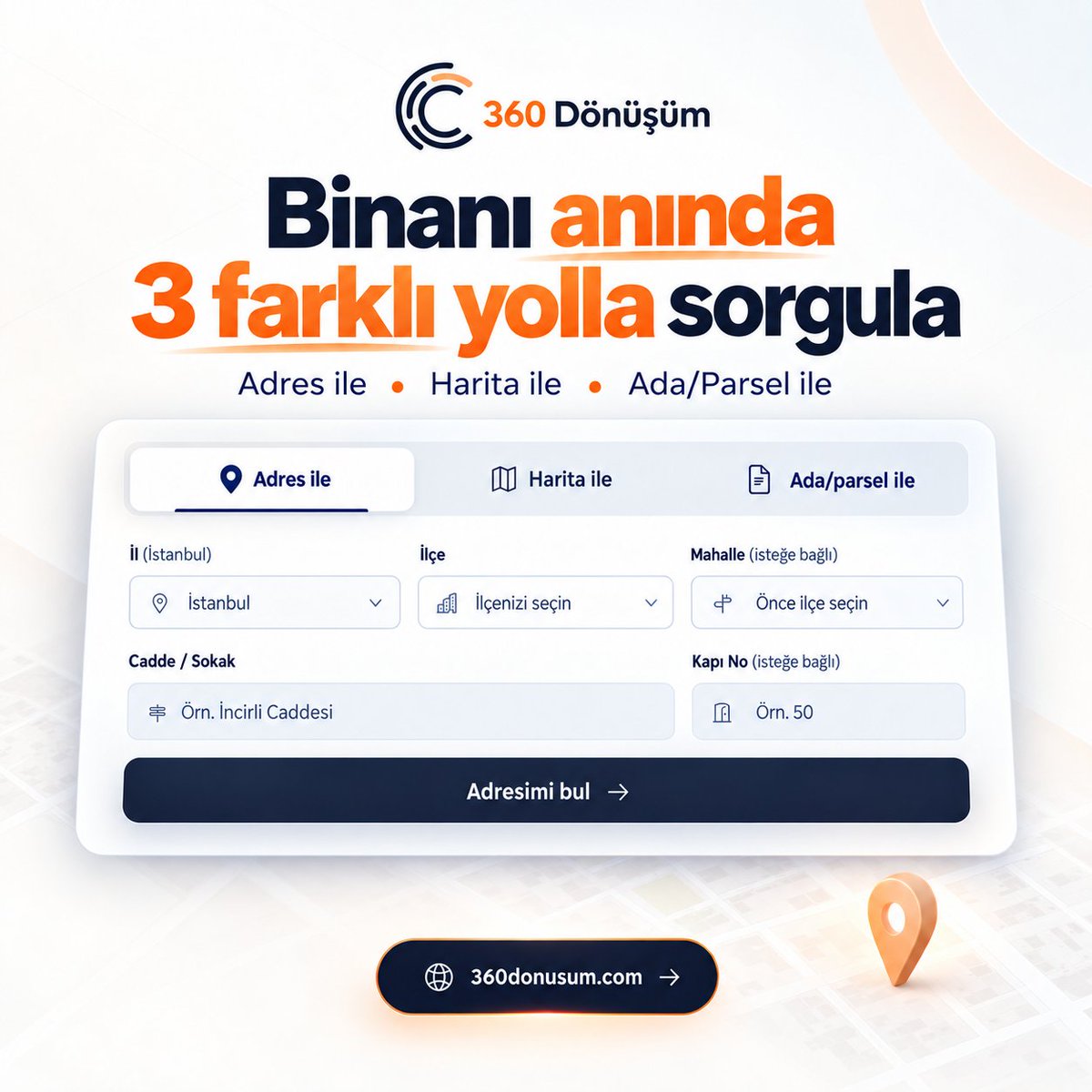 360donusum's tweet photo. Binanızı sorgulamak için tek bir yol yok.
Adres, harita veya ada/parsel bilgisiyle saniyeler içinde başlayın.
3 farklı sorgulama yöntemi, tek platform.
👉 https://t.co/J9Z5qRAgvM

#KentselDönüşüm #360Dönüşüm https://t.co/Lx0USyibAs