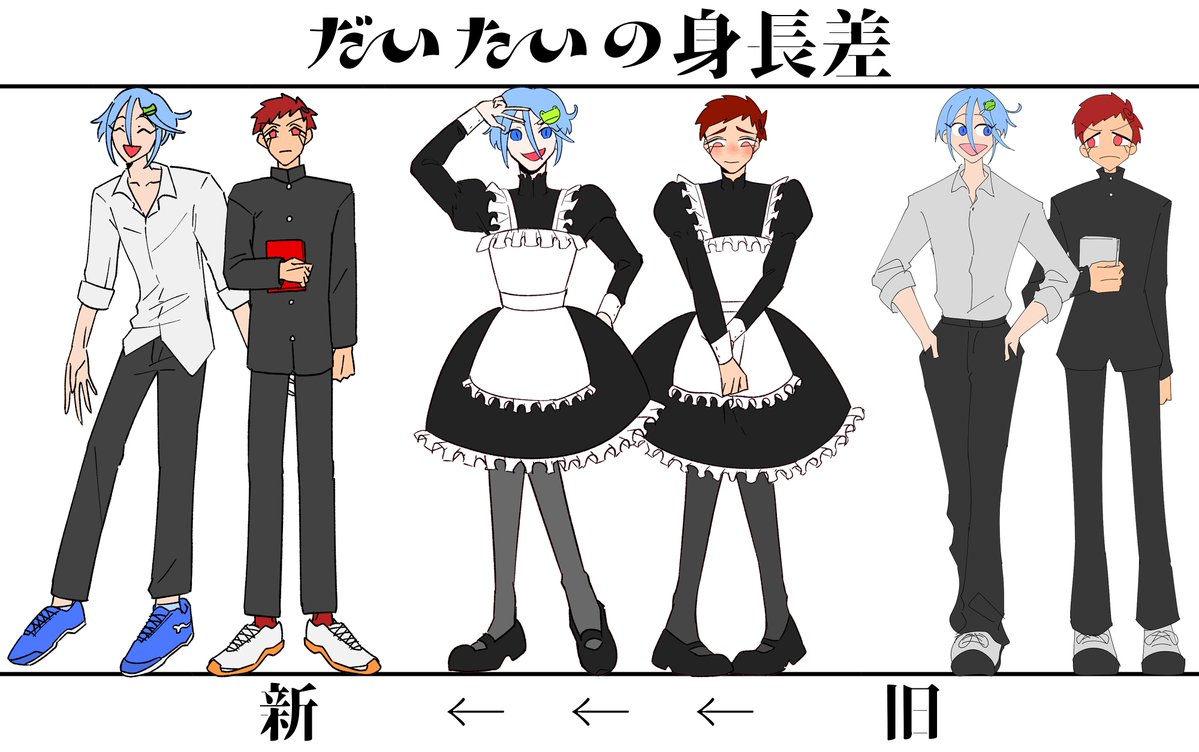sisionioriginal's tweet photo. 友人からの助言でスケブ資料用に創作BLの雑な身長比較作った https://t.co/Wchvd1JJ46