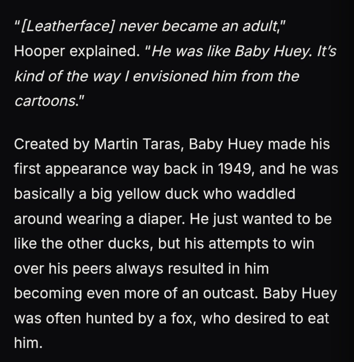 D0cKnight's tweet photo. La verdad es que creo que Bubba sí entra un poco más en esa definición, pero porque el propio Tobe Hooper dijo que él jamás se volvió un adulto, y llegó a inspirarse en Baby Huey para crearlo.

Aún así, y como dijo Gunnar Hansen, él está discapacitado y poco más. https://t.co/rnTVXxiitG