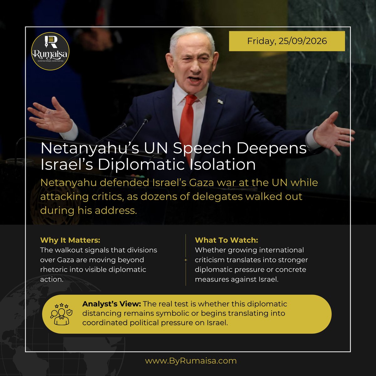 1Rumaisaa's tweet photo. Netanyahu’s UN address underscored the widening diplomatic divide over Israel’s war in Gaza, with Palestinian representatives challenging Israeli policy and dozens of delegates walking out.
#Israel #Gaza #Palestine #Netanyahu #UN #UnitedNations #MiddleEast #Geopolitics #Diplomacy https://t.co/nTD6DDJSki