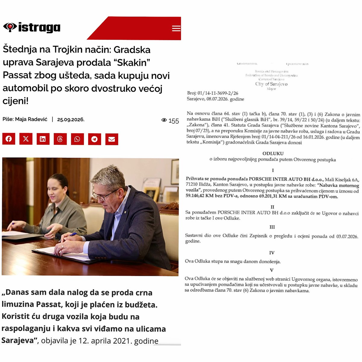 kampanja2026's tweet photo. Benjamina Karić 2021.: “Prodajemo starog Passat, štedimo novac građana.“

2026.: “Gradska uprava Sarajeva kupuje novo vozilo od Porsche Inter Auta za skoro 70.000 KM.”

Štednja je, izgleda, bila samo dok su trajale tendenciozne naslovnice. https://t.co/jyKCsLo3xB