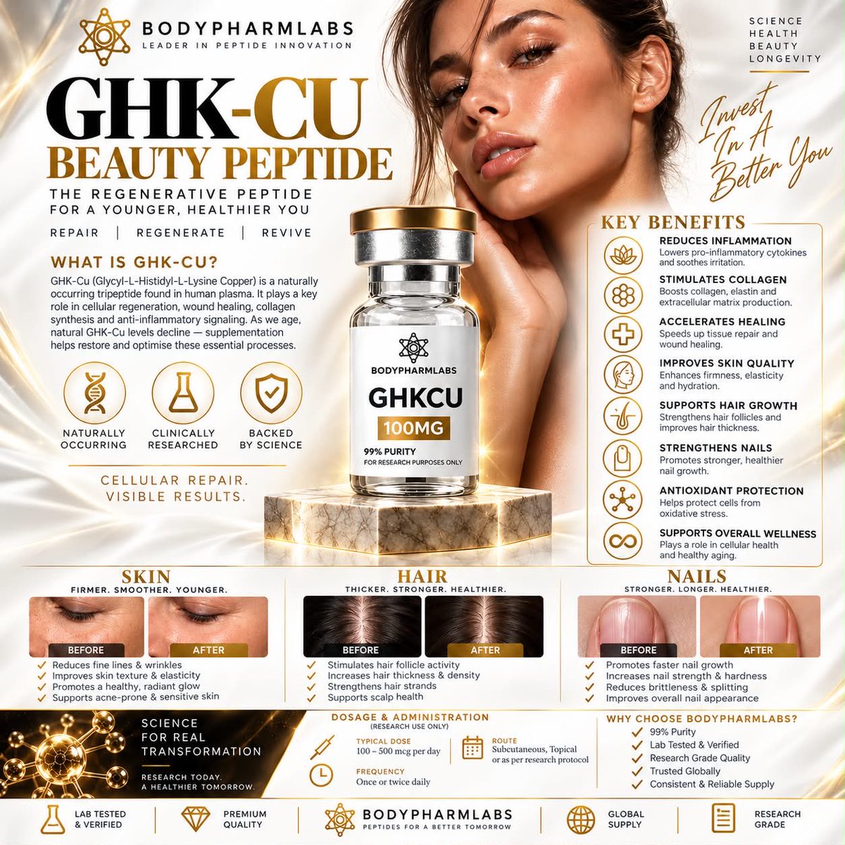 Bodypharmlabs's tweet photo. GHK-Cu 🧬
The Beauty &amp; Regeneration Peptide

Known in peptide research for its potential role in skin renewal, collagen support, tissue repair, hair health, and healthy aging.

Beauty isn’t only about what you put on your skin — it’s about supporting regeneration from within https://t.co/WBHAt4om9w