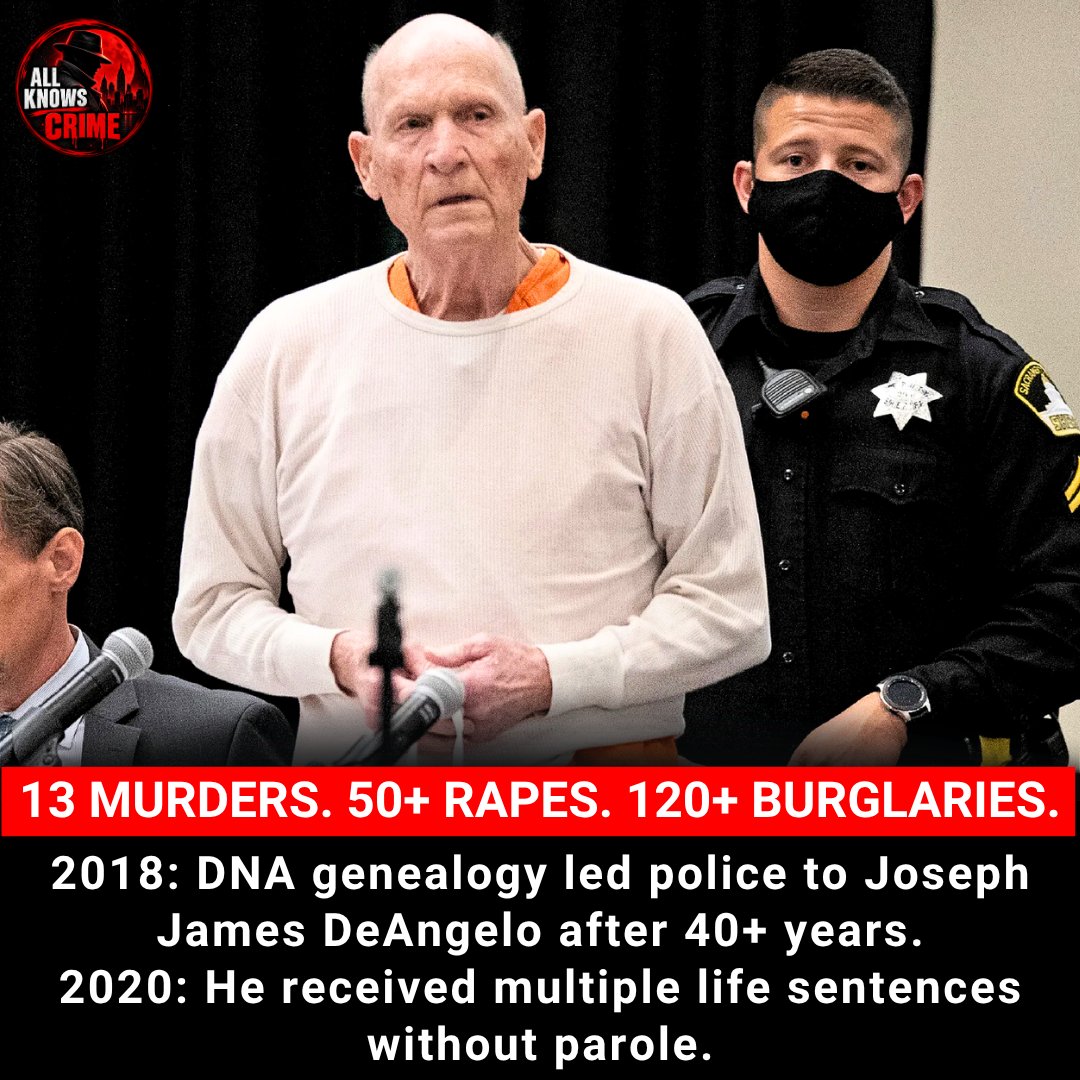AllKnowsCrime's tweet photo. The Golden State Killer Case: Four Decades To An Arrest

For more than four decades, the Golden State Killer case remained one of California’s most notorious unsolved cases. Between 1976 and 1986, the offender committed a series of crimes across the state. In 2018, DNA investigative genealogy identified former police officer Joseph James DeAngelo, who was arrested and later admitted responsibility. In 2020, he received multiple life sentences without parole.