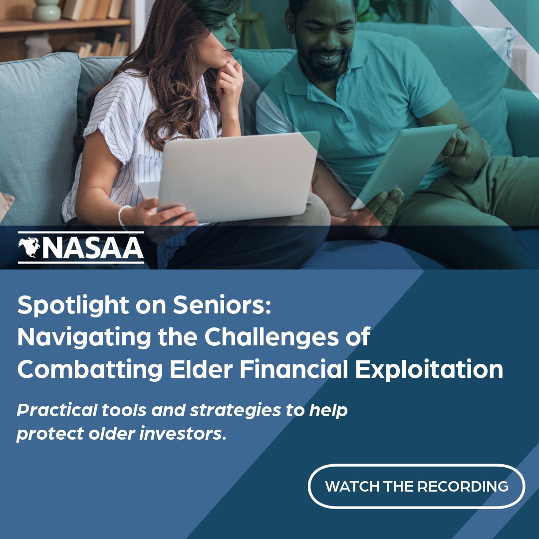 NASAA's tweet photo. From prevention and detection to reporting and intervention, experts discuss strategies for protecting older investors in NASAA's recorded webinar, Spotlight on Seniors: Navigating the Challenges of Combatting Elder Financial Exploitation.
Watch now: 🎥 https://t.co/VRhzzkzgCE https://t.co/jhiLyt38dn